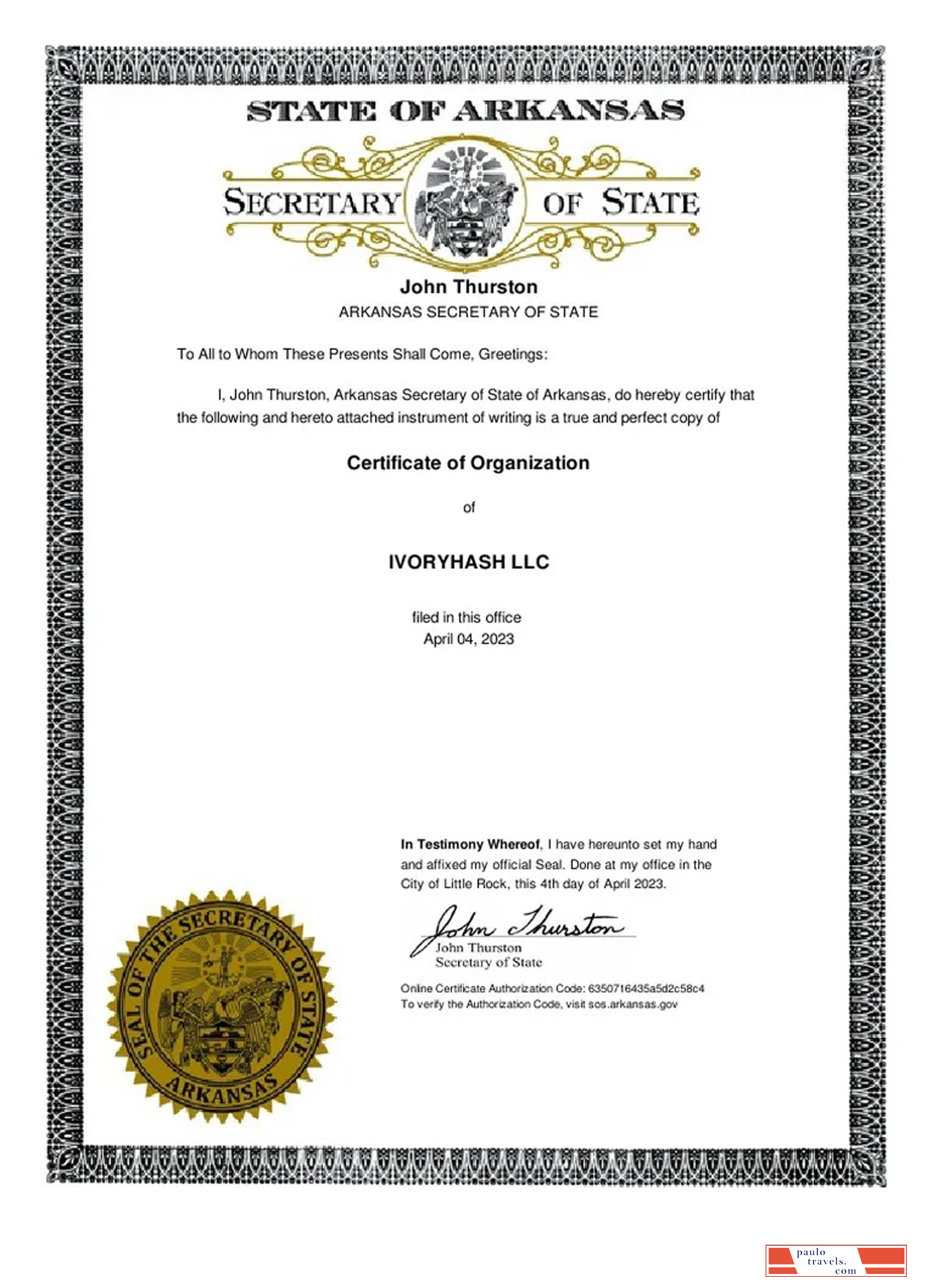 USA Arkanas company certificate of organization